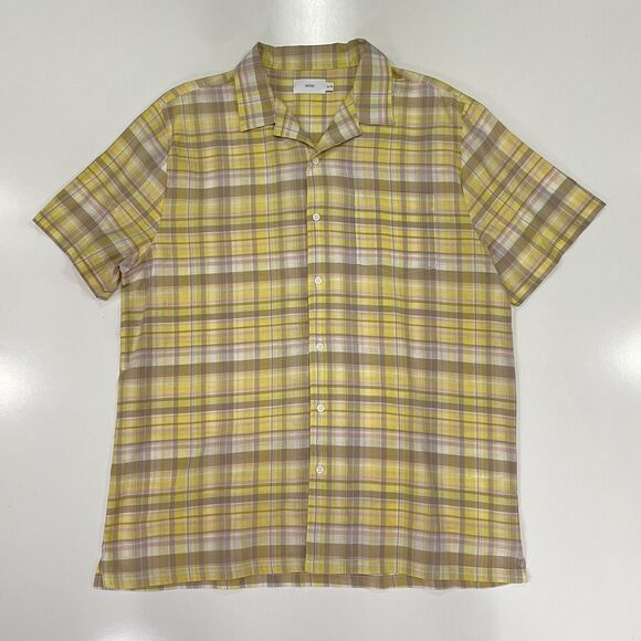 Onia Mens Spring Shirt Yellow Brown Plaid Check Button Short Sleeve XL Easter - Picture 1 of 6